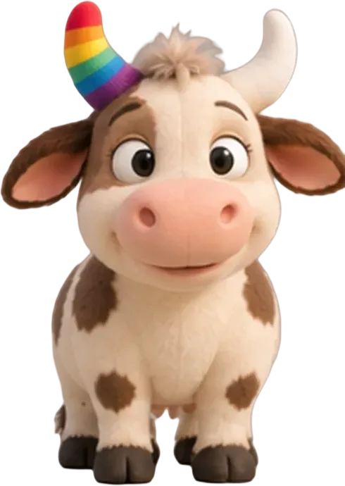 Muh Einhorn mit weißem und buntem Horn unter dem alten Baum